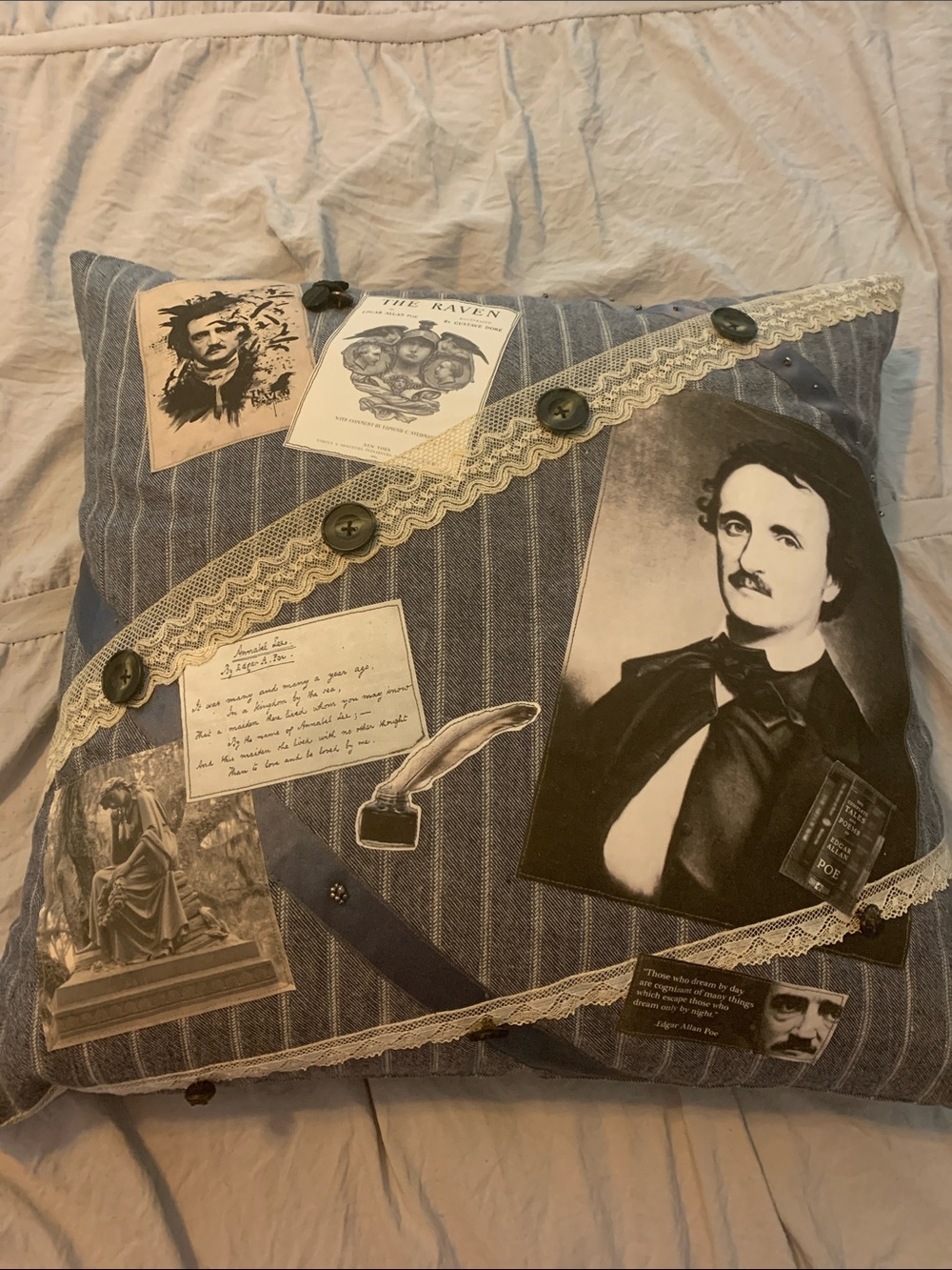 Decorative Edgar Allan Poe Striped Accent Pillow with Lace & Buttons